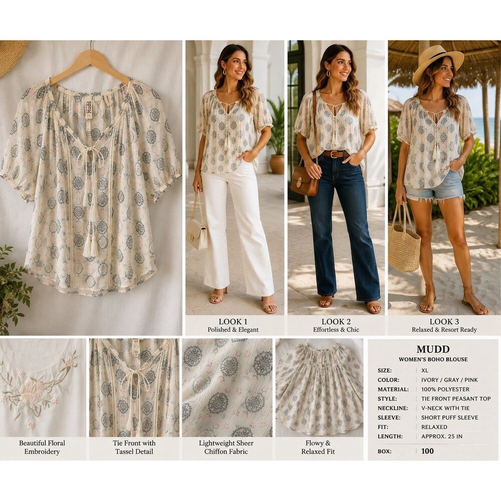 Mudd Womens xl ivory boho blouse gray pink medallion prunt tie front sheer top